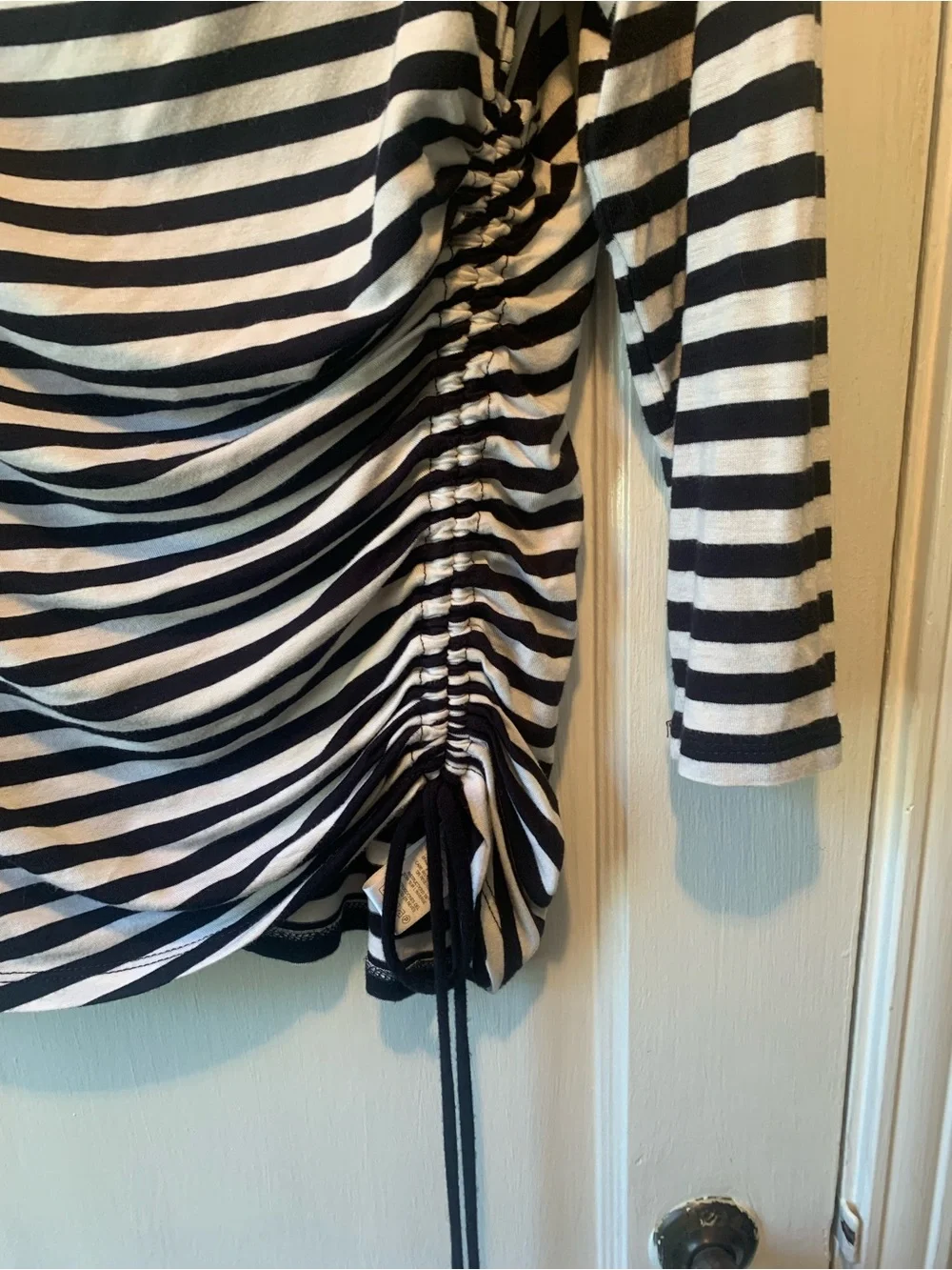 Michael Kors Black and White Striped Ruched Side Boatneck Top Size M